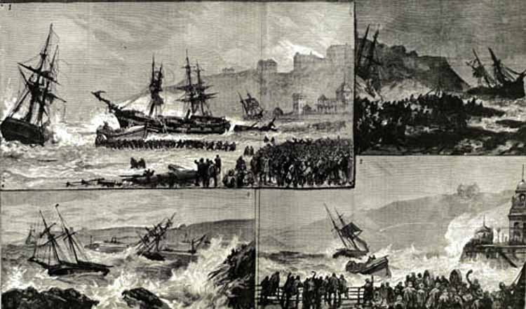 engraving of several wreck scenes